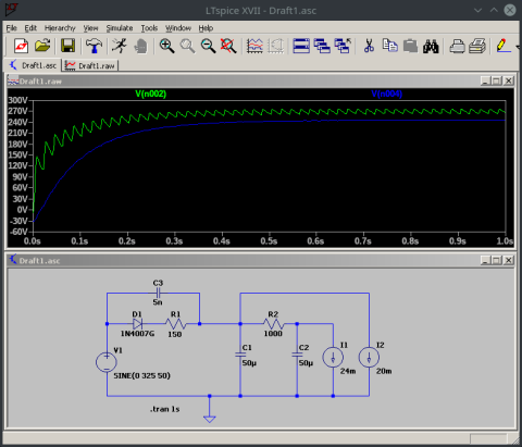 Screenshot aus LTSpice mit Schaltplan und Simulationsergebnis